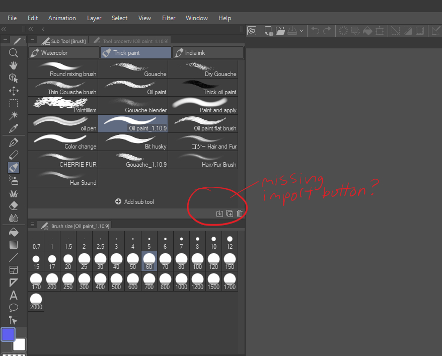 No import/export option in the brushes sections CLIP STUDIO ASK