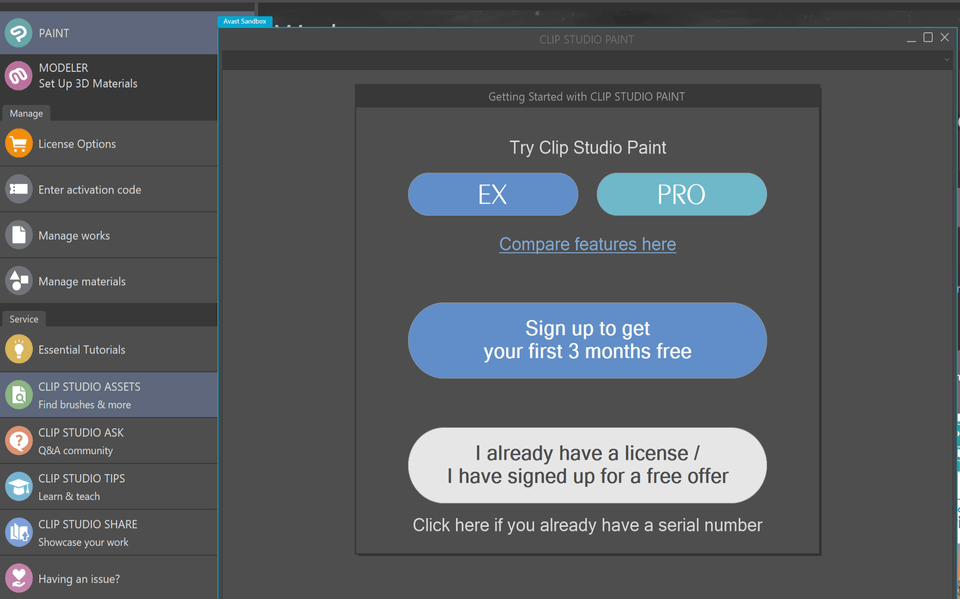 clip studio won't activate. claims not enough memory? CLIP STUDIO ASK