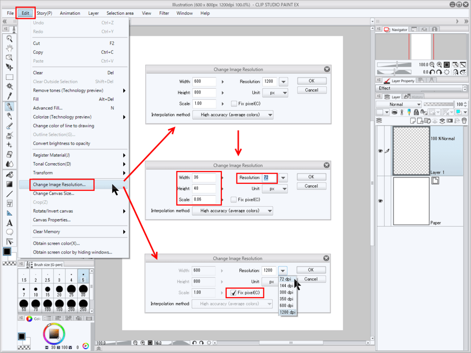 도와주세요! 전체 사진의 dpi 변경 해상도 CLIP STUDIO ASK