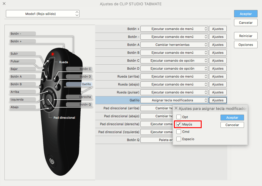 I can't find Shift Modifier key in Clip Studio Tabmate, Mac CLIP