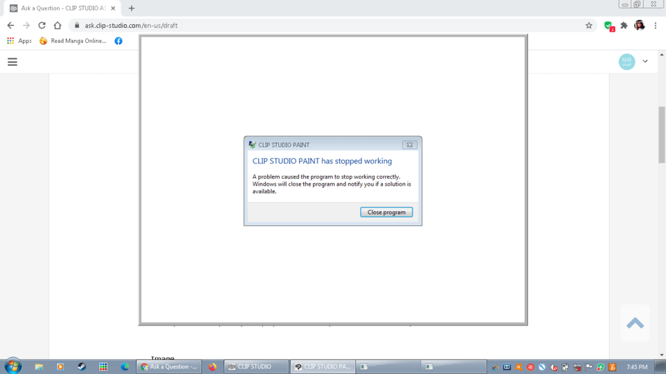 CLIP STUDIOPAINTが動作を停止しました。 CLIP STUDIO ASK