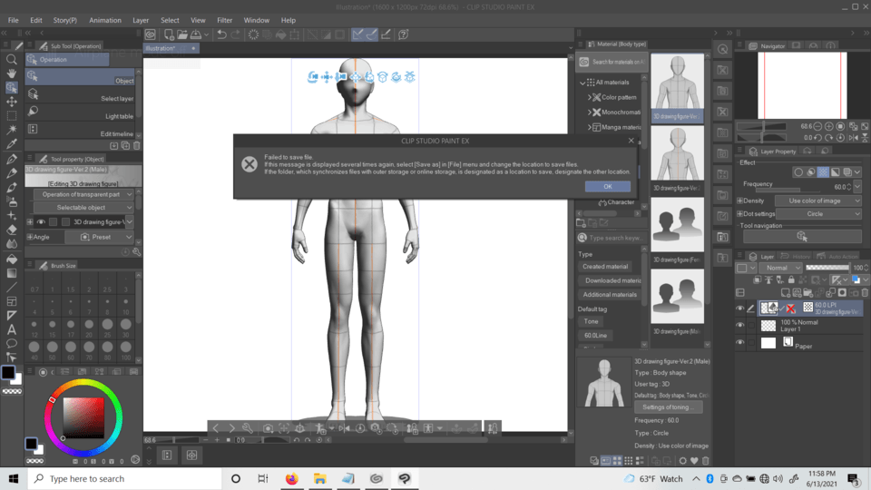Clip Studio Paint EX 1.10.12 gives error when I manualy attempt to save