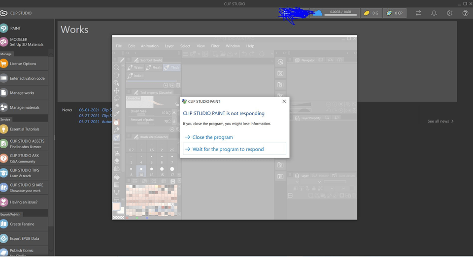 Clip Studio (+ Paint)가 계속 "응답하지 않음" CLIP STUDIO ASK
