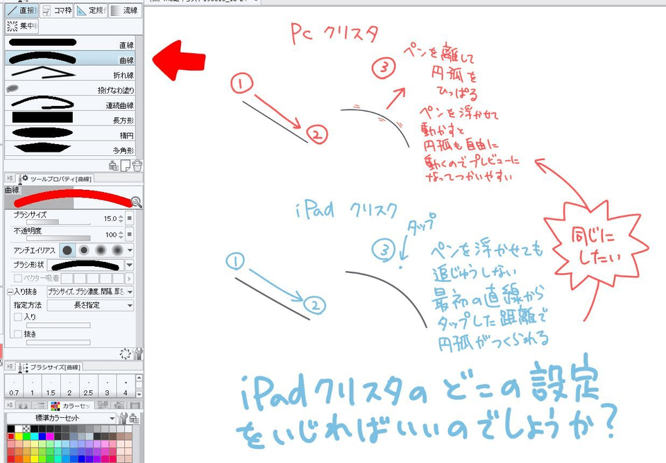 曲線ツール Pc版 Ipad版 の操作の違いを設定で同じにしたい Clip Studio Ask