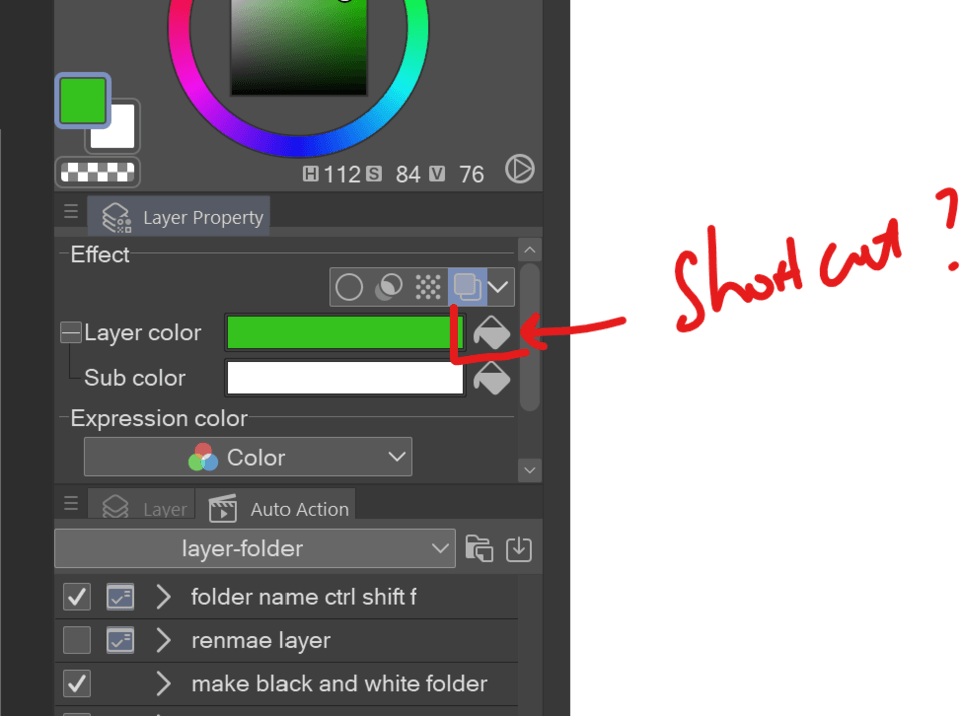 Do we have a shortcut for change layer color to current color clip
