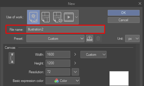 新しい作品のデフォルトのファイル名を変更する方法はありますか Clip Studio Ask