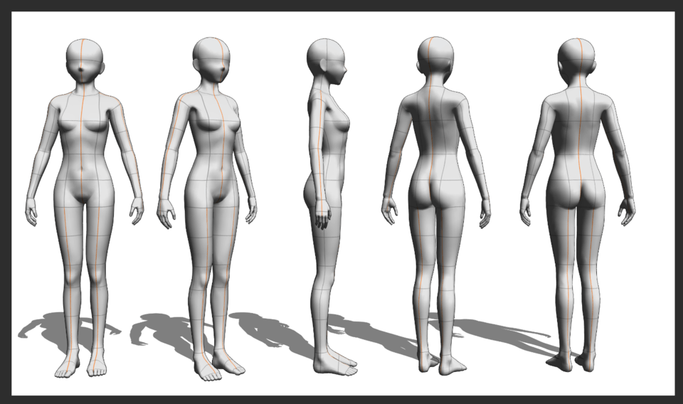 Detailed reference sheet of woman's body from different angles on